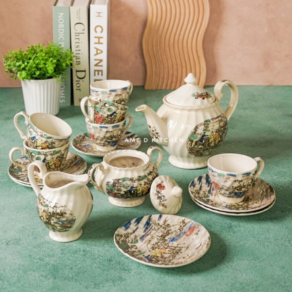 SALE Tea set keramik vintage coklat isi 17 pcs