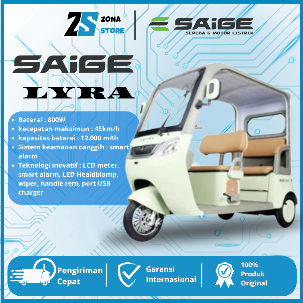 Sepeda Listrik Roda 3 SAIGE LYRA Terbaru Mode BAJAJ Tempat Duduk Luas Garansi Resmi