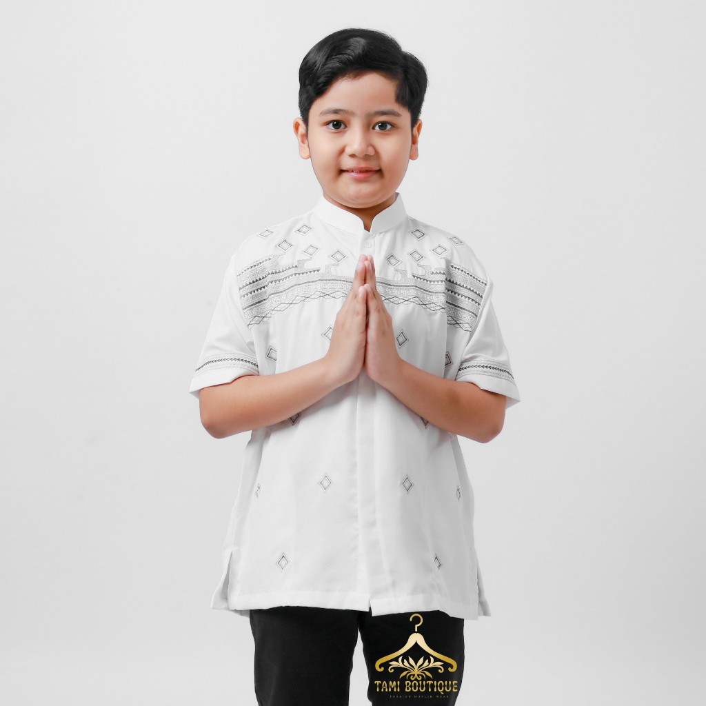 Baju Koko Anak Terbaru Tangan Pendek Bahan Polikatun Premium Semi Sutra Bintik Motif Bordir asli