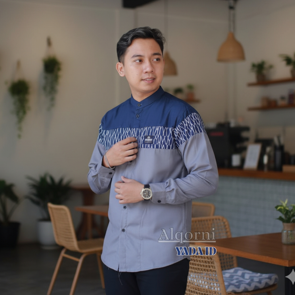 Baju Koko Pria - Koko Lengan Panjang Motif Batik Sandiko Warna Navy Bahan Katun Toyobo Premium