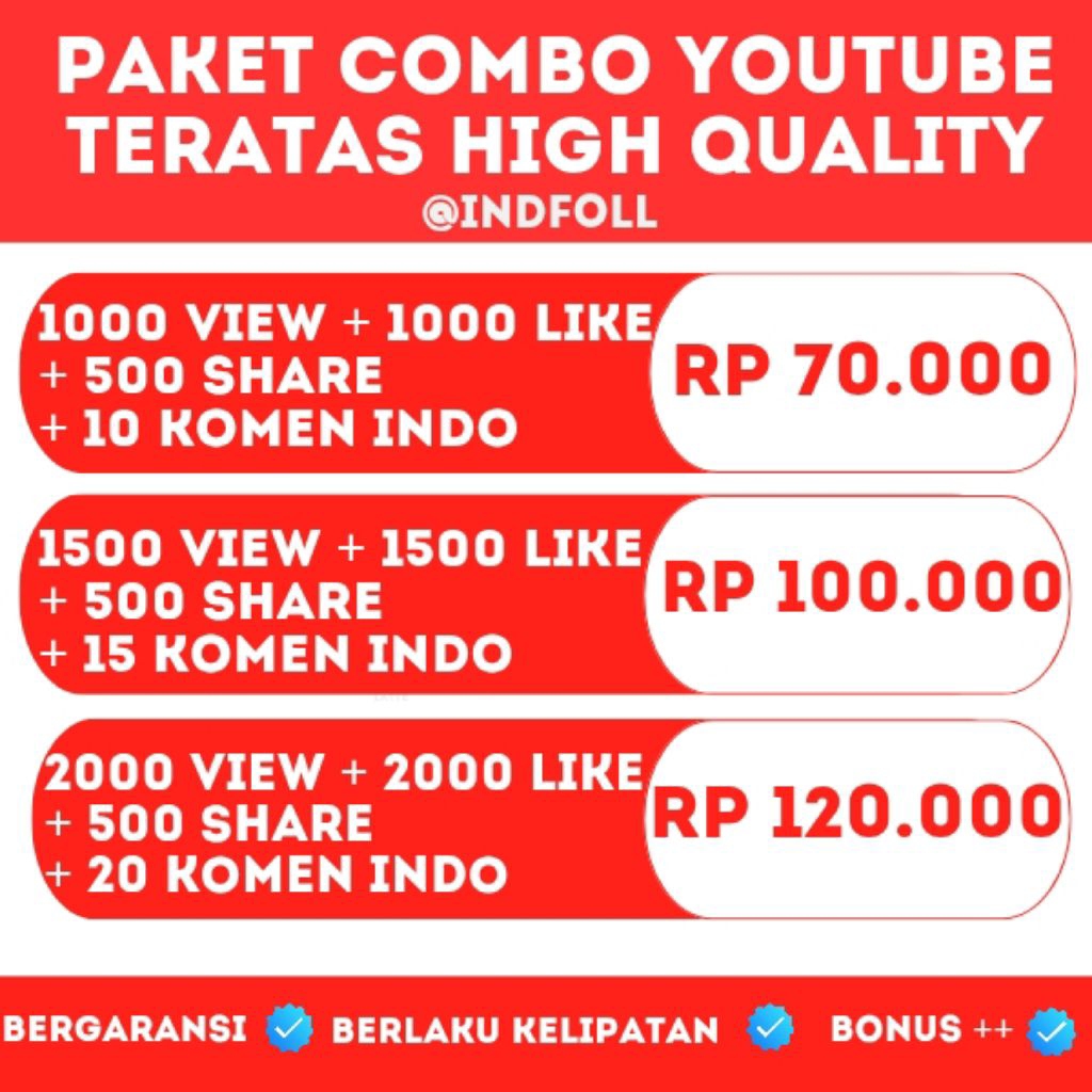 Paket Combo YouTube Teratas High Quality Bergaransi Selamanya ( View, Like, Share, Komen Indo) By.in