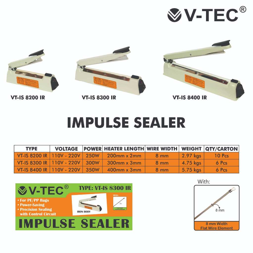 Impulse Sealer 8MM V-TEC-IS 8200 IR , V-TEC-IS 8300 IR , V-TEC-IS 8400 IR – Mesin Press Plastik PE/P