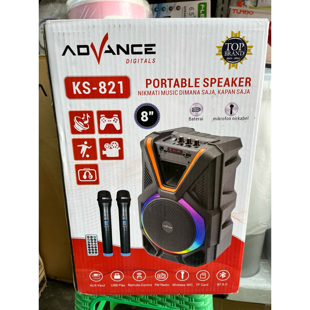 SPEAKER ADVANCE KS821 FREE 2 MIC WIRELESS  - SPEAKER BLUETOOTH ADVANCE 8 INCH - SPEAKER PORTABLE ADV
