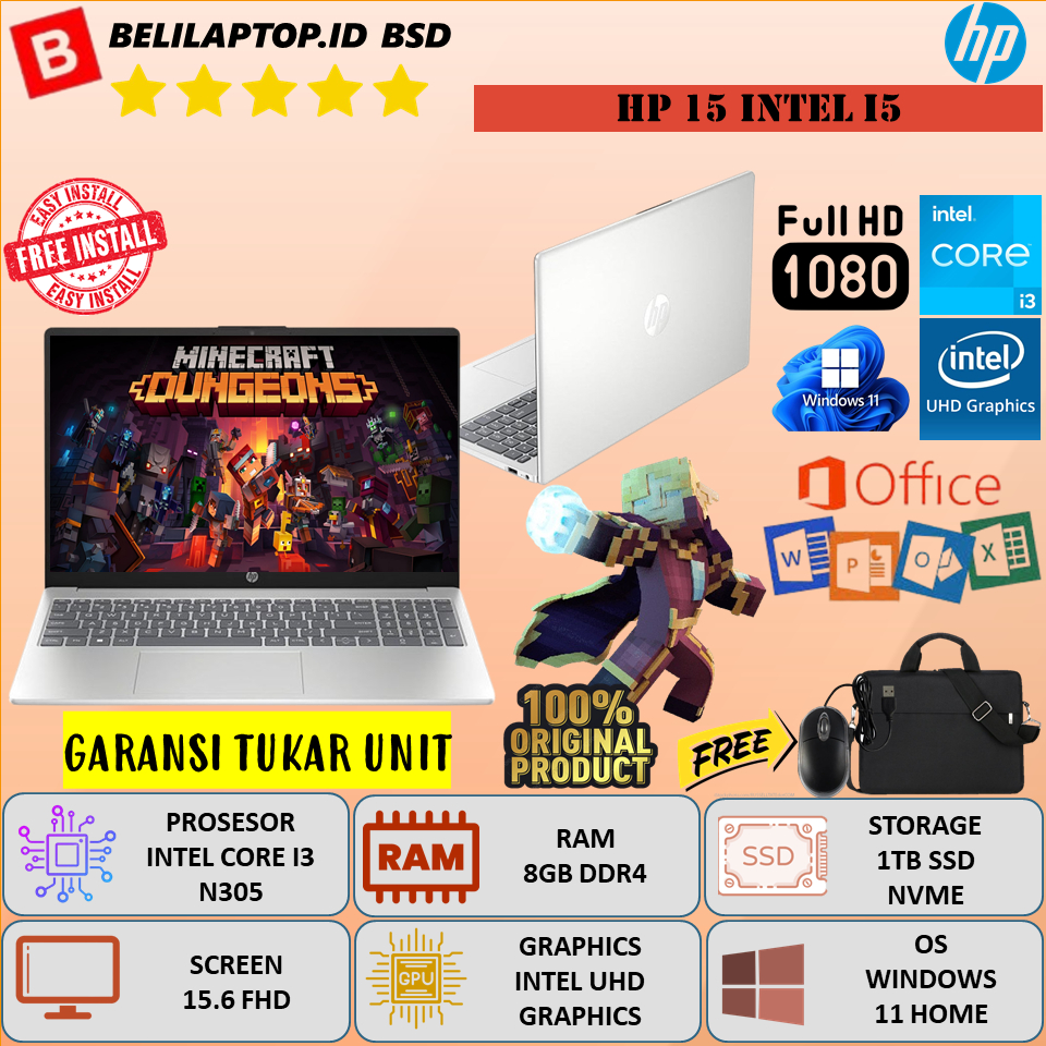 Laptop Baru HP 15 Intel Core i3 N305 Ram 8GB 1TB SSD 15.6'' FHD Windows 11 Original