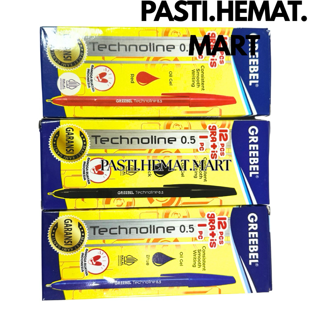 [HEMAT] 12 PCS + 1 PCS Pulpen Greebel Technoline | Pena Standar Greebel Technoline Hitam / Biru / Me