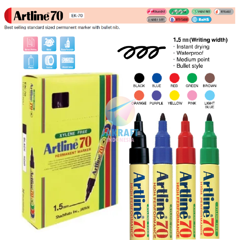 (12 Pcs) GROSIR Spidol Permanen Tidak Bisa Dihapus ARTLINE EK-70 Black / Blue / Red / Green / Brown 