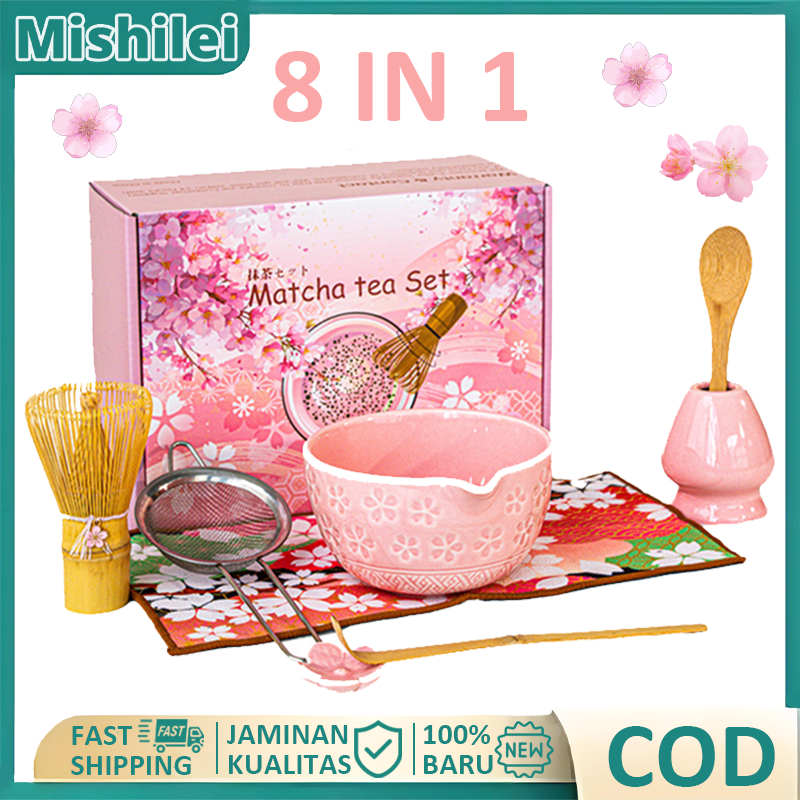 Mishilei Matcha Tea Set Jepang 8 IN 1 Sakura Petal Pink Set Alat Pembuat Matcha Makanan Matcha Tea S