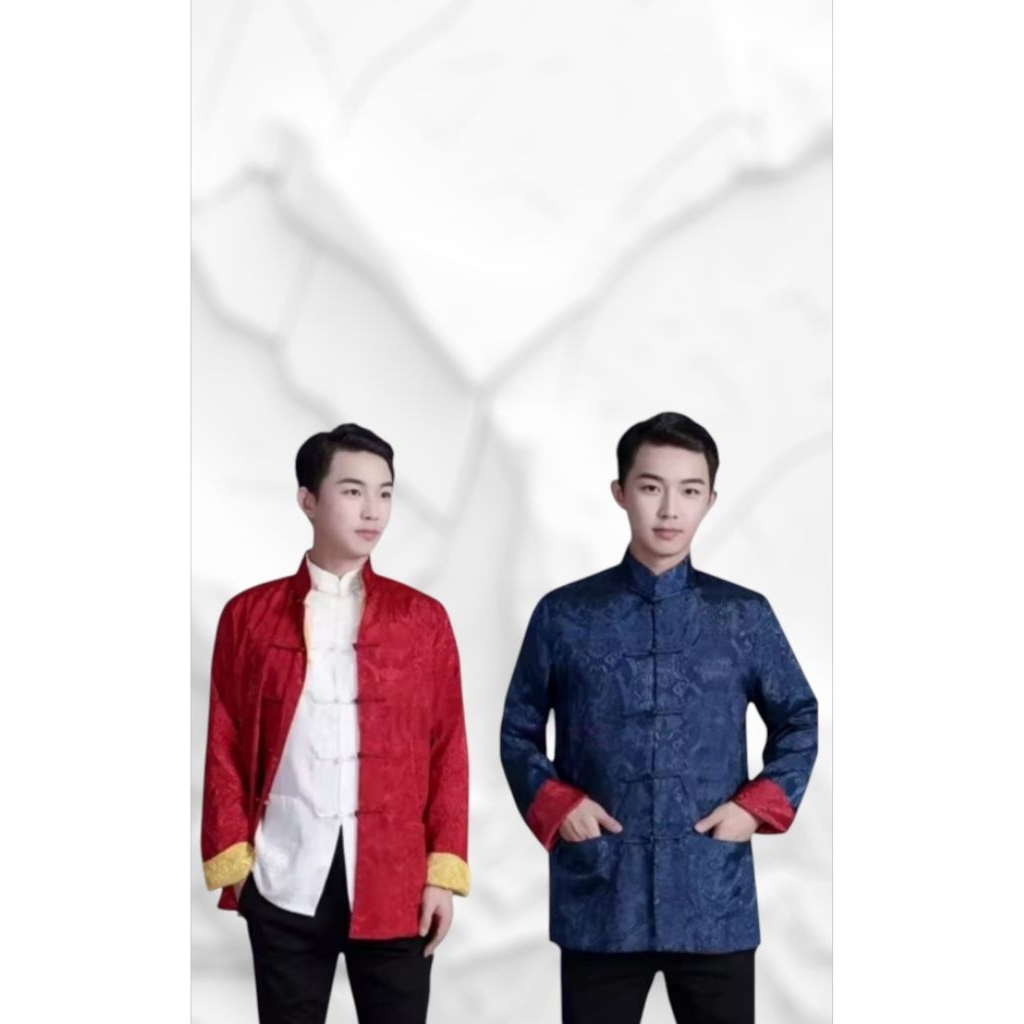 SUI SOUVENIR | CHEONGSAM ATASAN PRIA 2 WAYS / BAJU SANGJIT COWO MERAH GOLD