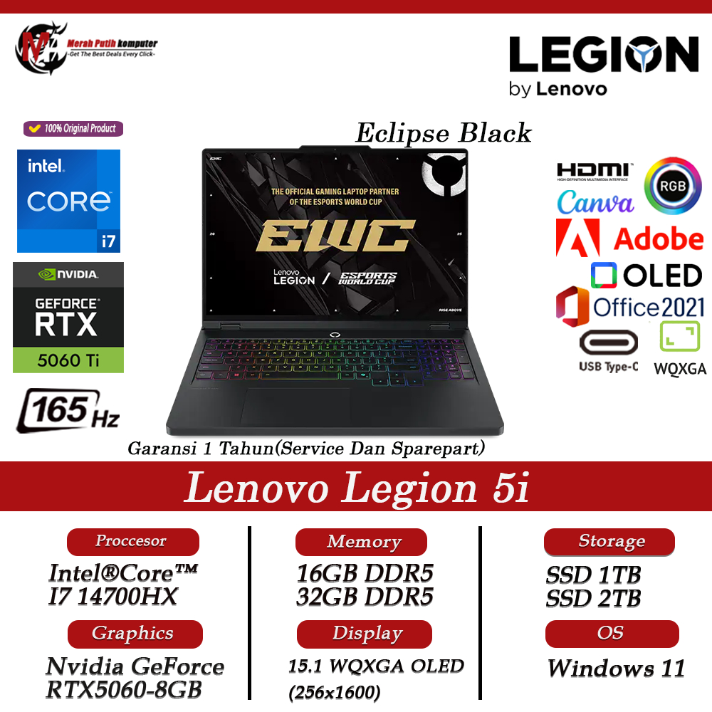 Laptop Lenovo Legion 5i 15 RTX5060 8GB Intel i7 14700HX 32GB 2TB SSD 15 WQXGA OLED RGB Windows11