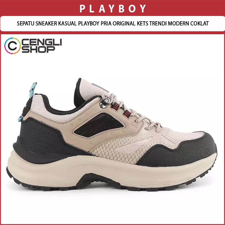 SEPATU SNEAKER KASUAL PLAYBOY PRIA ORIGINAL KETS TRENDI MODERN COKLAT CREAM BROWN PL71