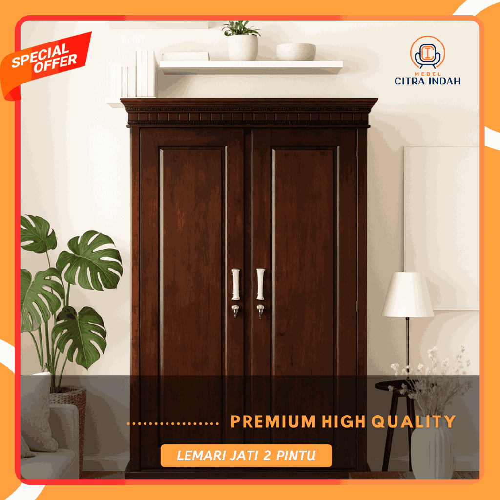 Lemari 2 Pintu Jati Minimalis Engsel Bukaan Biasa Almari Baju Standar Full Kayu Jati Lemari Pakaian