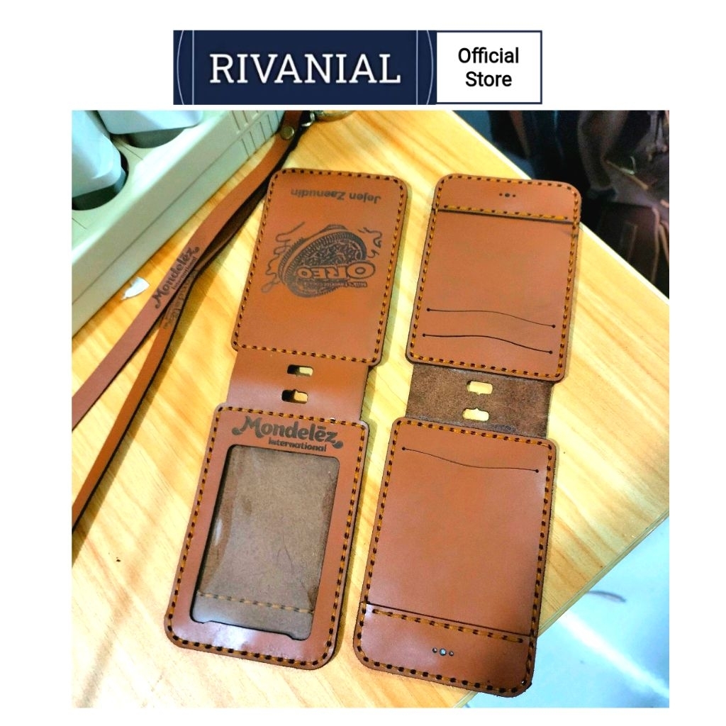 RIVANIAL ID CARD HOLDER NAME TAG LANYARD KULIT SAPI ASLI PREMIUM FREE COSTUM CETAK LOGO PERUSAHAAN N