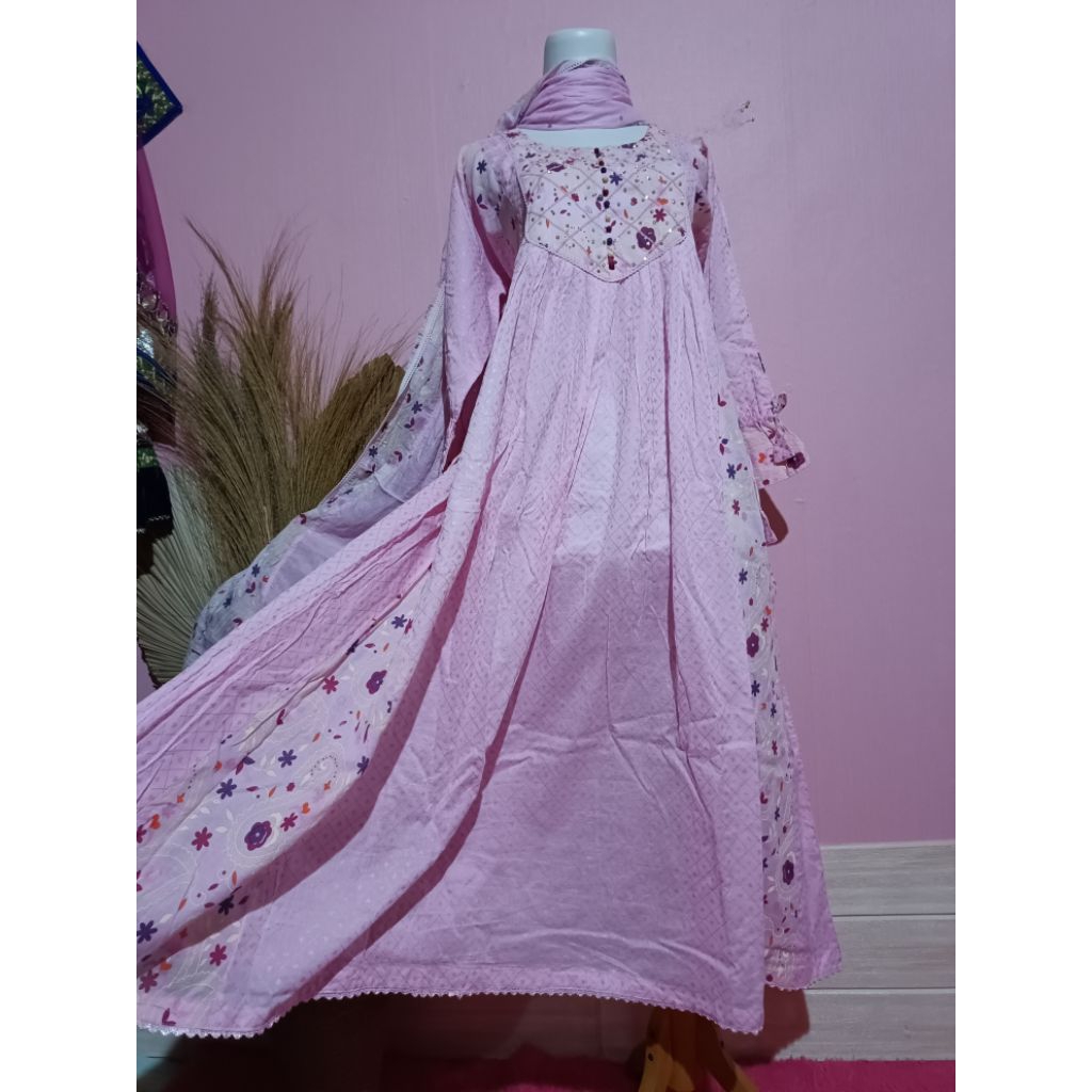 BAJU INDIA/ ANARKALI KATUN PO/ SET SELENDANG SERASI MANIS PINK