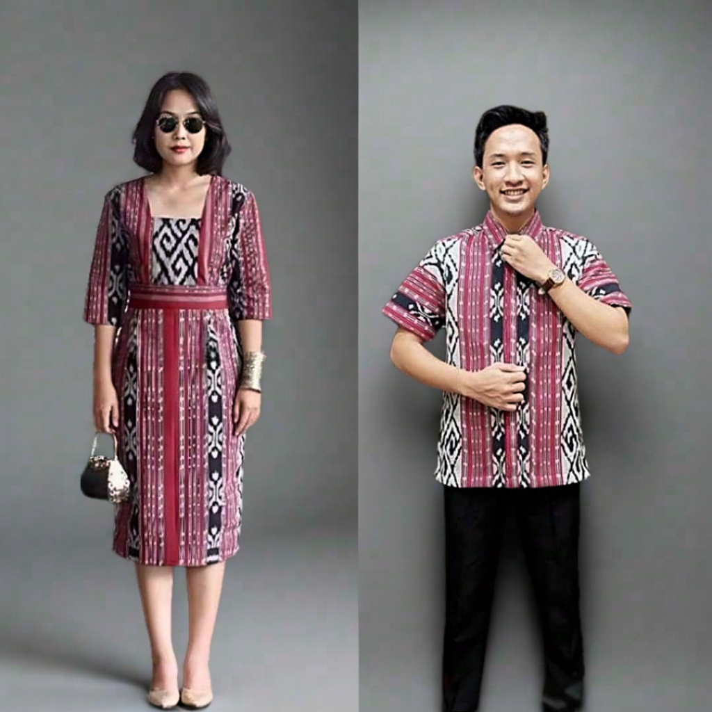 SET COUPLE TENUN MODERN BAJU PASANGAN PRIA WANITA KEMEJA TENUN DAN DRESS TENUN ETNIK LENGAN PENDEK B