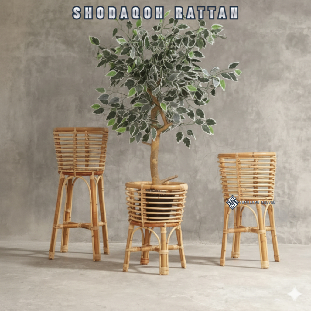 Standing Pot Rotan Natural Finishing Mengkilap / Tempat Bunga Dekorasi Studio Foto Sudut Ruangan