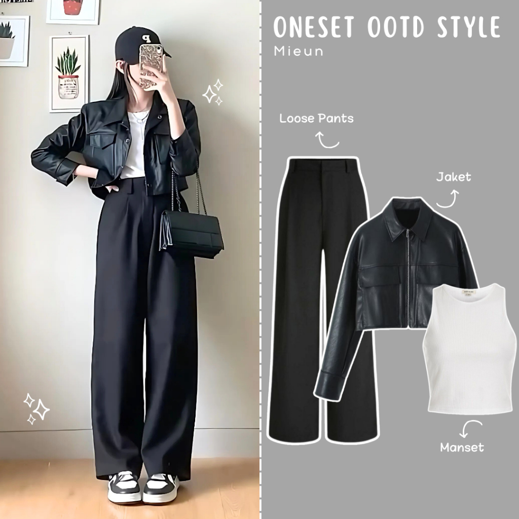 Mieun 3in1 Outfit Set OOTD Remaja ( Jacket, Manset, Loose Pants ) One Set Wanita Korean Style Tomboy
