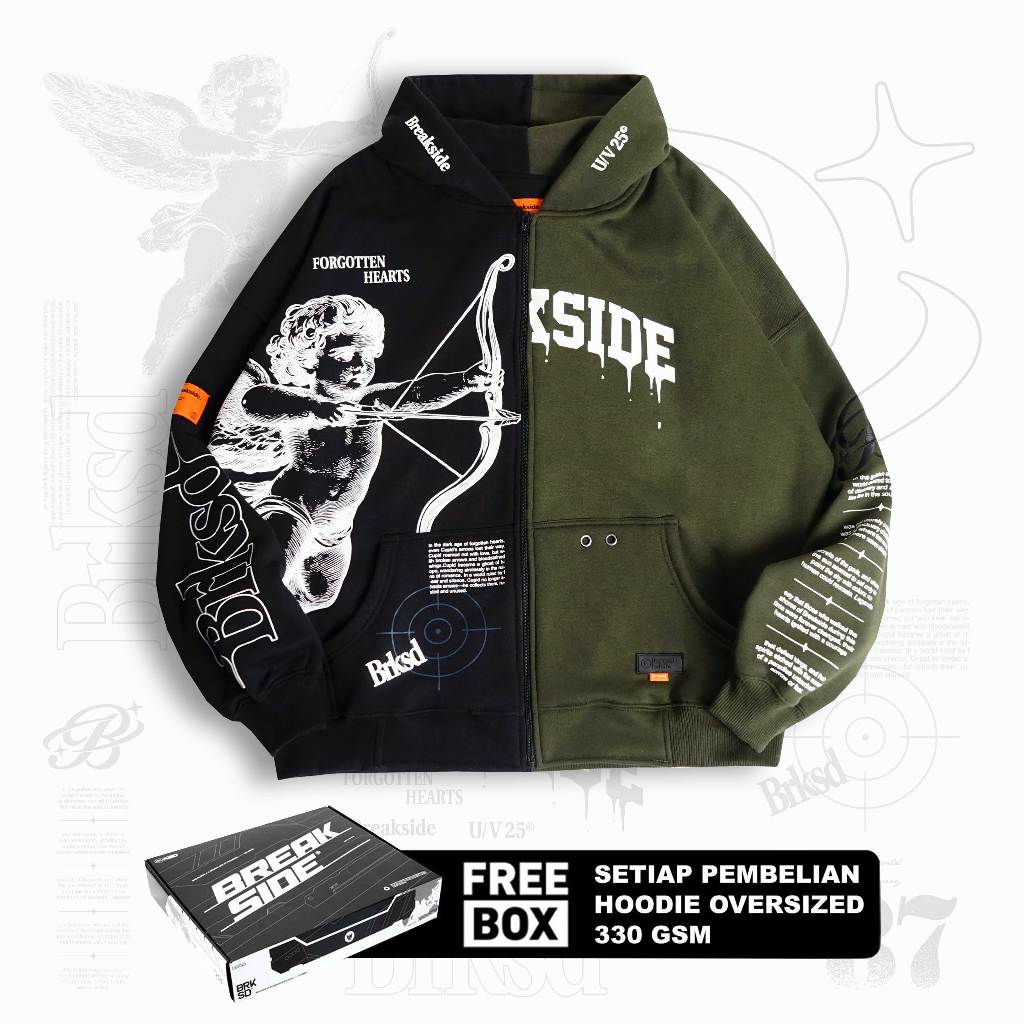 [FREE BOX] Breakside Zipper Hoodie Oversized Forgotten Hearts - Black & Green Sweater Pria