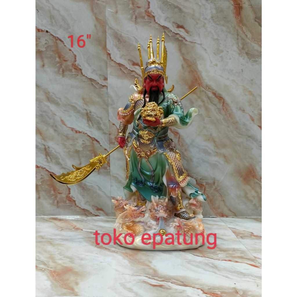 patung dewa kwan kung / kwan kong / kwan te - 16 inch - marmer - 5 bendera - naga - gentong - pedang