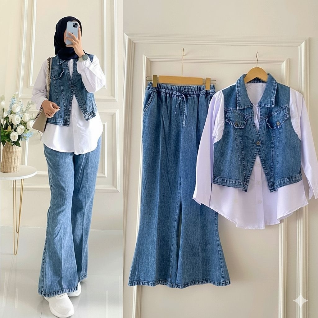 One Set kemeja jeans dan celana cutbray Muslim Wanita Korean Style