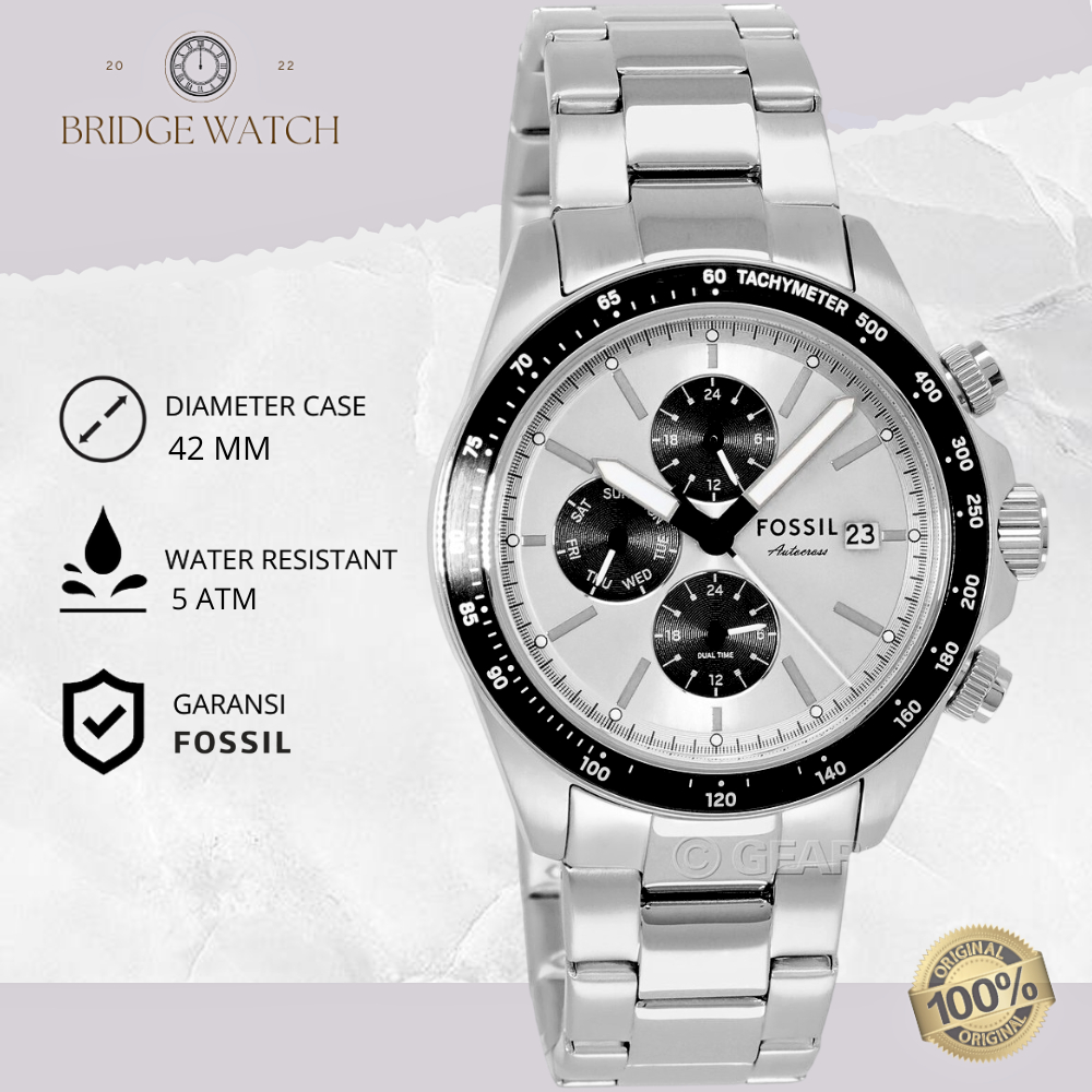 Jam Tangan Fossil Pria BQ2873 Autocross Chronograph Dial Silver Stainless Steel Strap Rantai Mewah S