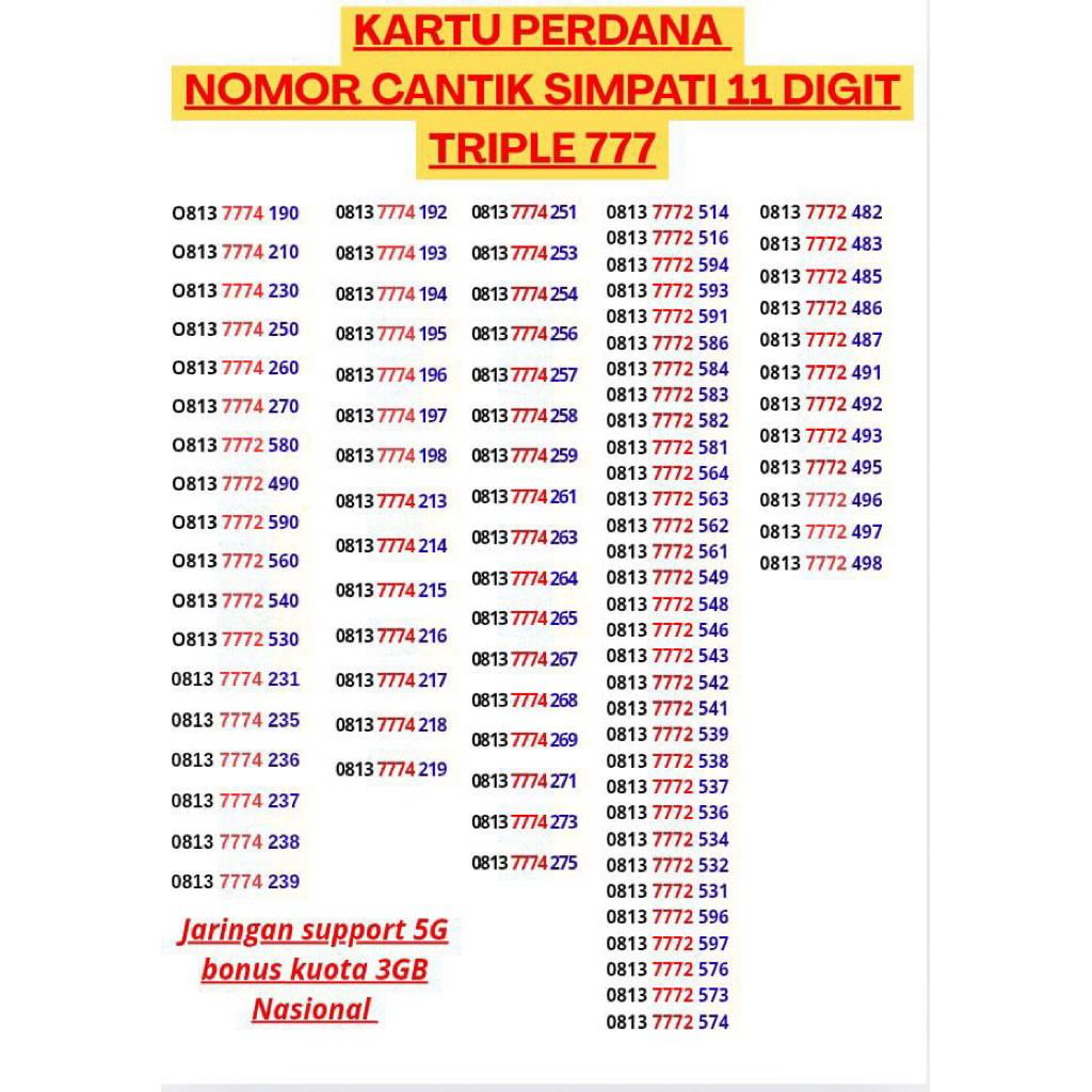 Kartu Perdana Nomor Cantik Simpati 11Digit 11angka triple 777 lucky seven