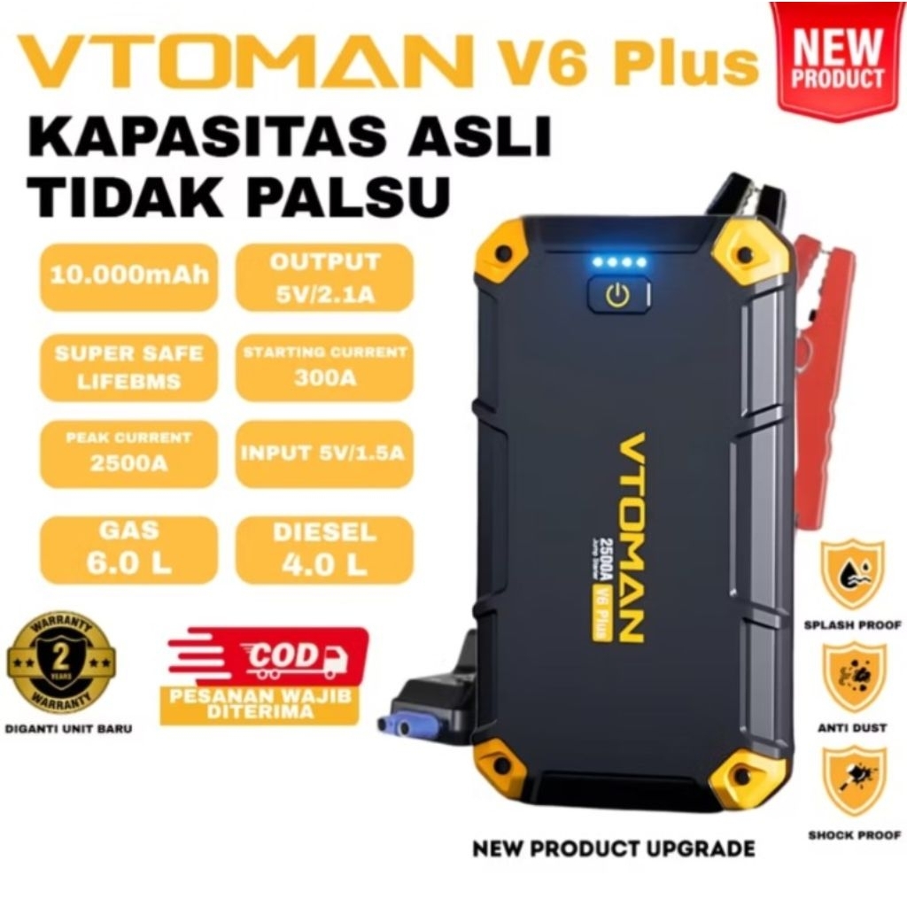 VTOMAN ORI - Vtoman V6 Plus 10000 Mah Jump Starter Aki Mobil Motor Power Bank Jumper Aki Alat Jamper
