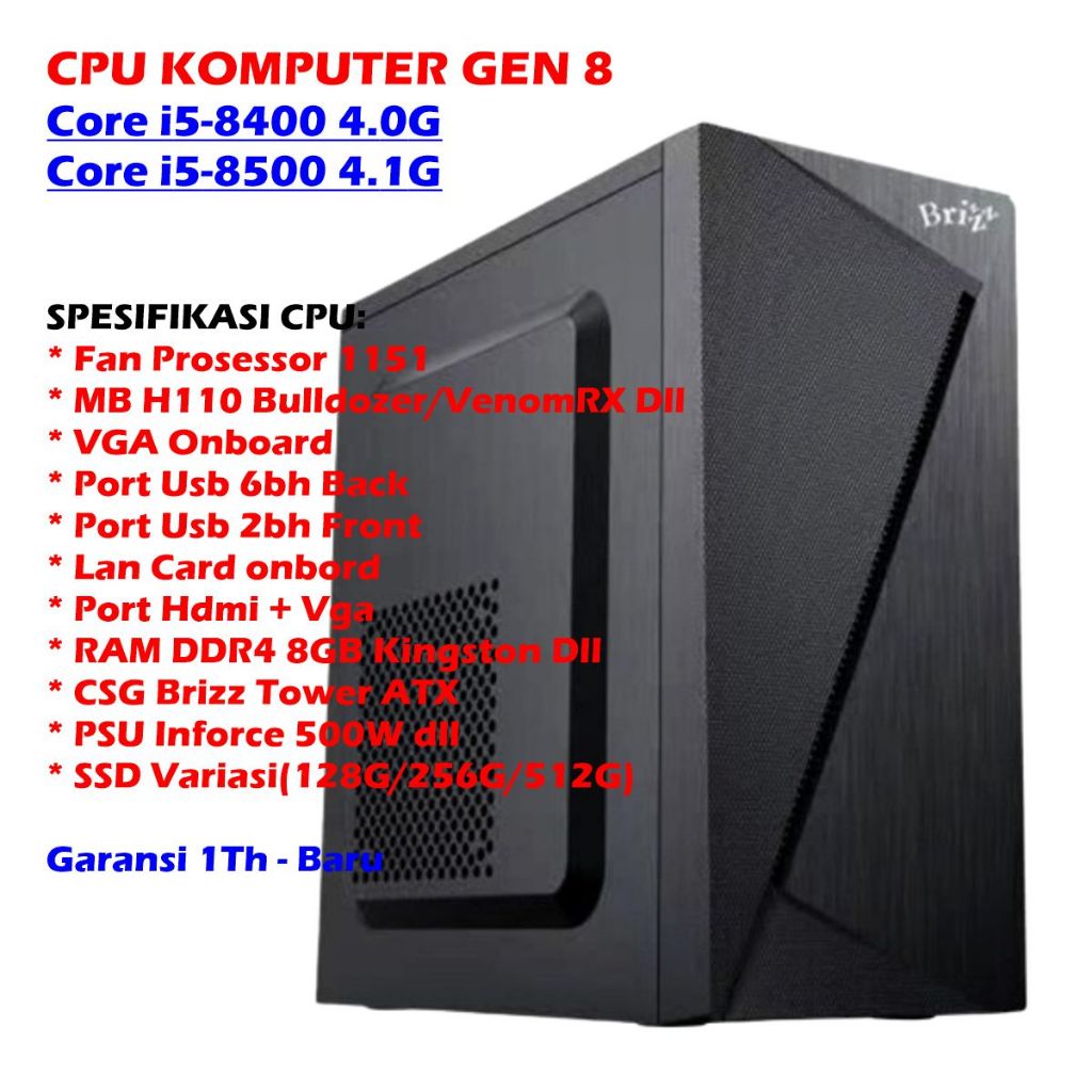 CPU KOMPUTER KANTOR INTEL GEN 8 RAM 8GB, SSD, SOCKET 1151 - CPU KOMPUTER CORE I5-8400 4.0G CPU KOMPU