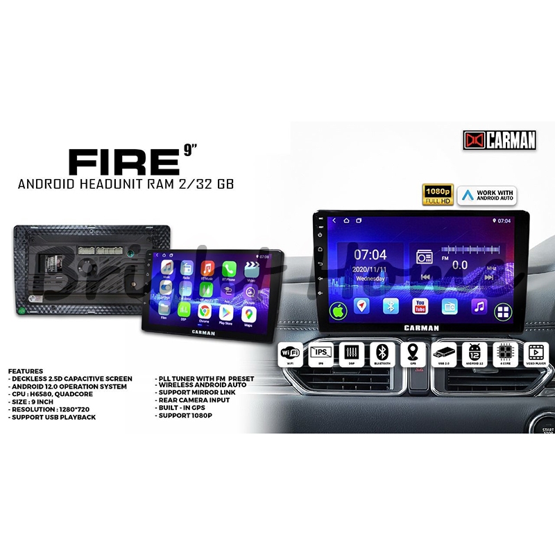 CARMAN FIRE Headunit Android Deckless 9" Android DHD Mobil 9 inch Ram 2/32GB