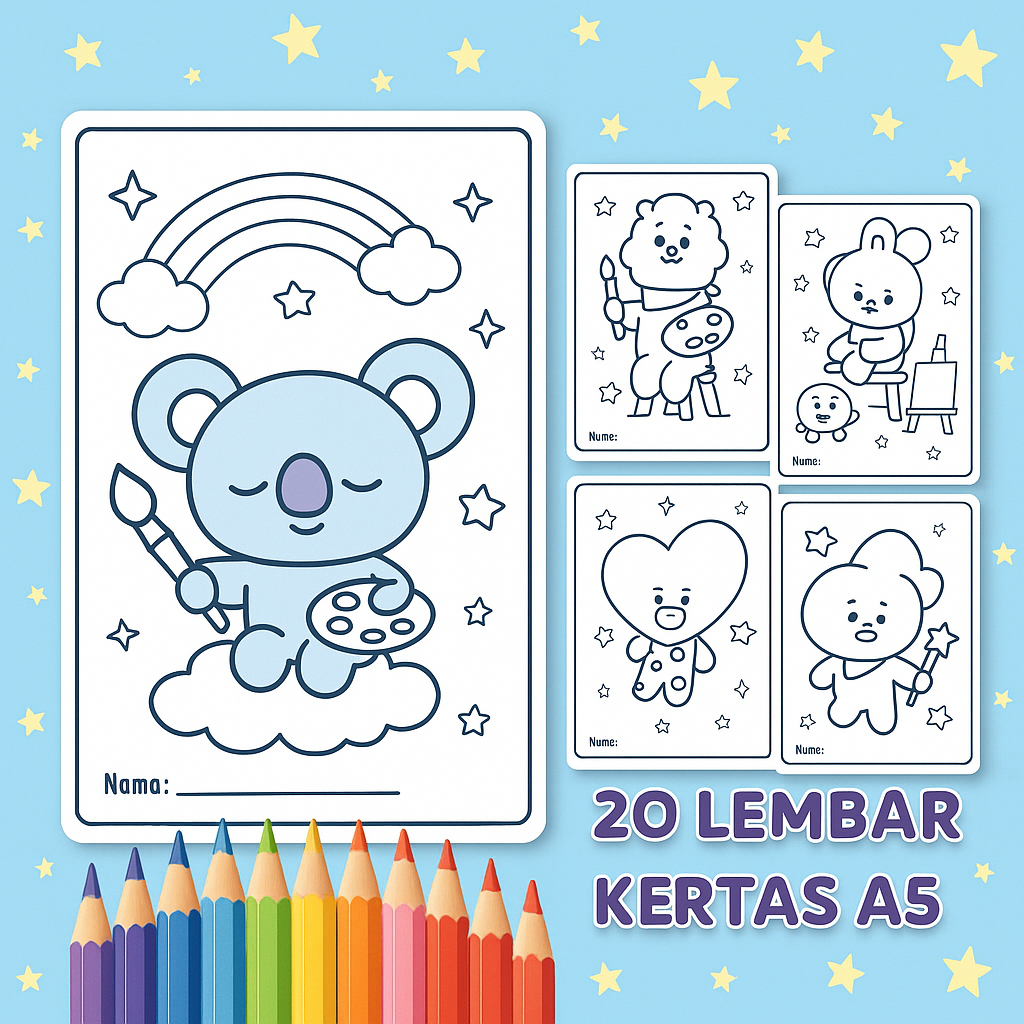 20 Lembar Kertas A4 Tema BT21  Kertas Mewarnai Anak TK/Paud buku mewarnai buku gambar