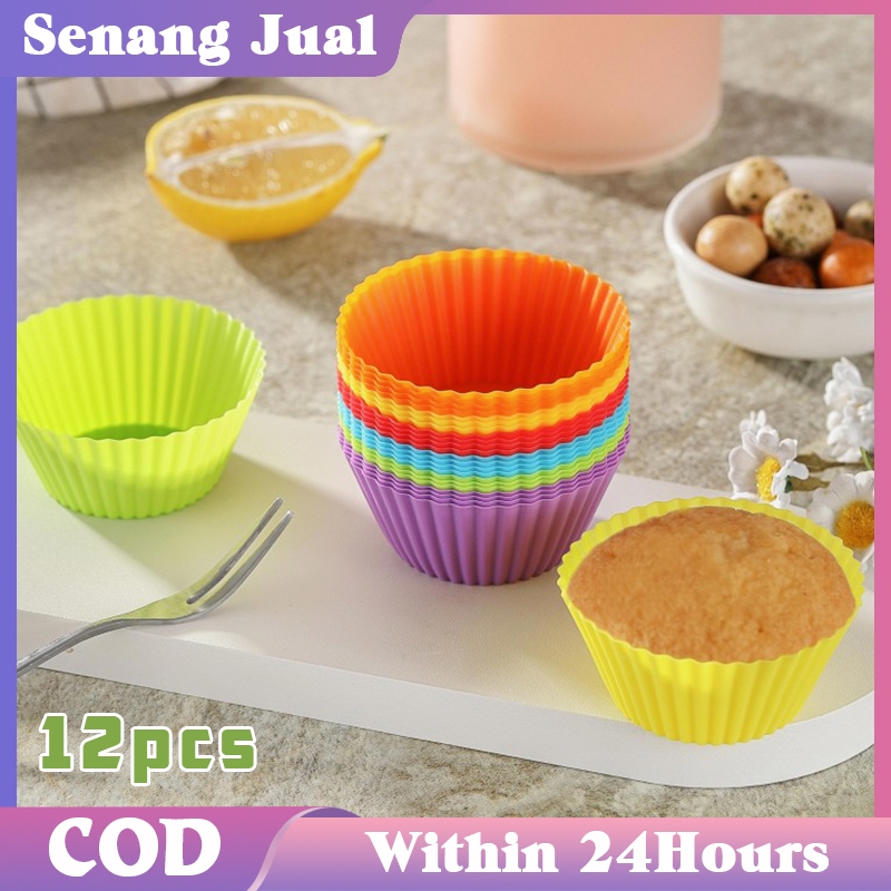 12pcs Cetakan Muffin Cetakan Kue Silikon Tahan Panas Cangkir Kue Persediaan Kue Muffin Cup