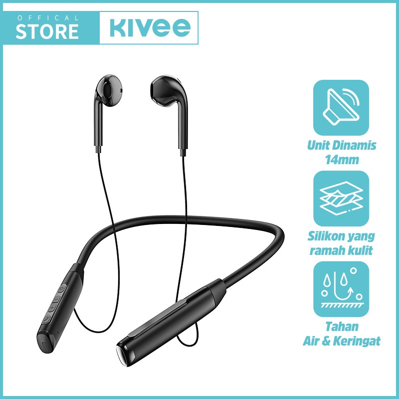 KIVEE Headset Bluetooth KV-TW154 Black Sport Earphone HiFi Bass Noise Cancellation Waterproof Asli