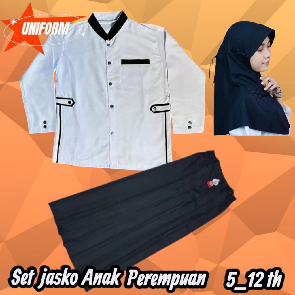 setelan jasko anak perempuan panjang list hitam//set komplit jasko anak perempuan bahan Oxford tebal