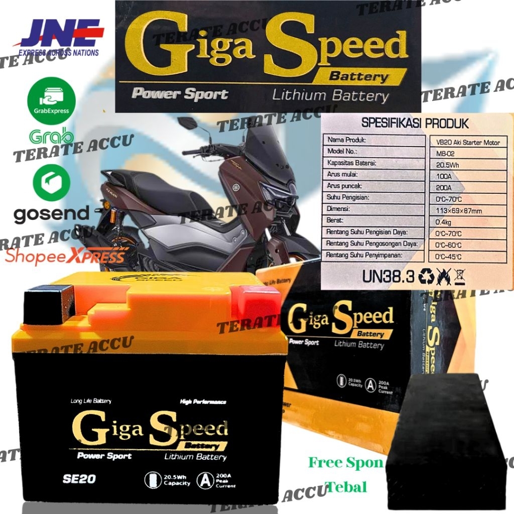 Aki Lithium Giga Speed SE20-3 Nmax Old / New / Neo / Turbo , Aerox Old / New / Alpha / Turbo , Lexi 