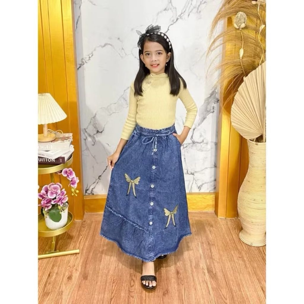 Rok Jeans Anak Perempuan Fashion Motif Pita Bordir Usia 3 - 7thn - Rok Panjang Jeans Anak Model Keki