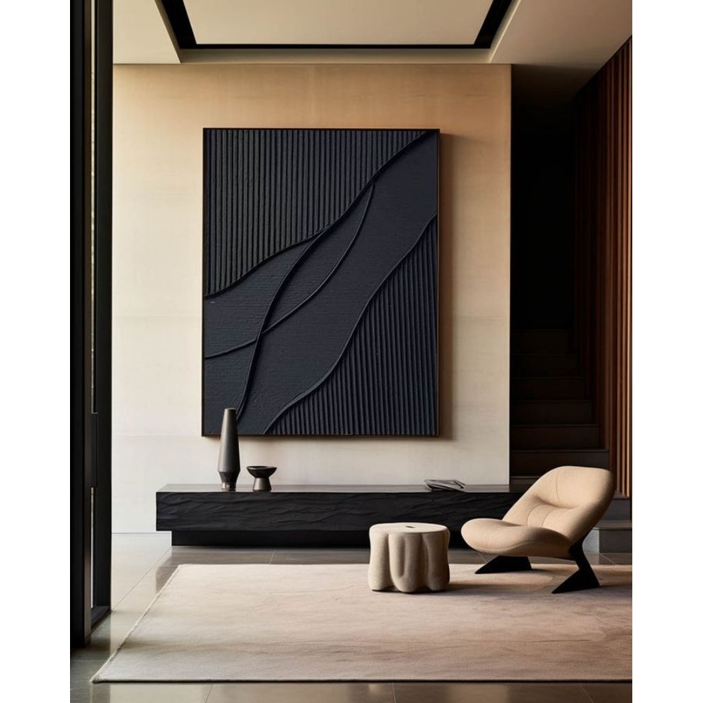 Lukisan Dinding Abstrak 3D Tekstur Warna Hitam - Lukisan Tangan Asli - Hiasan Dinding Ruang Tamu Aes