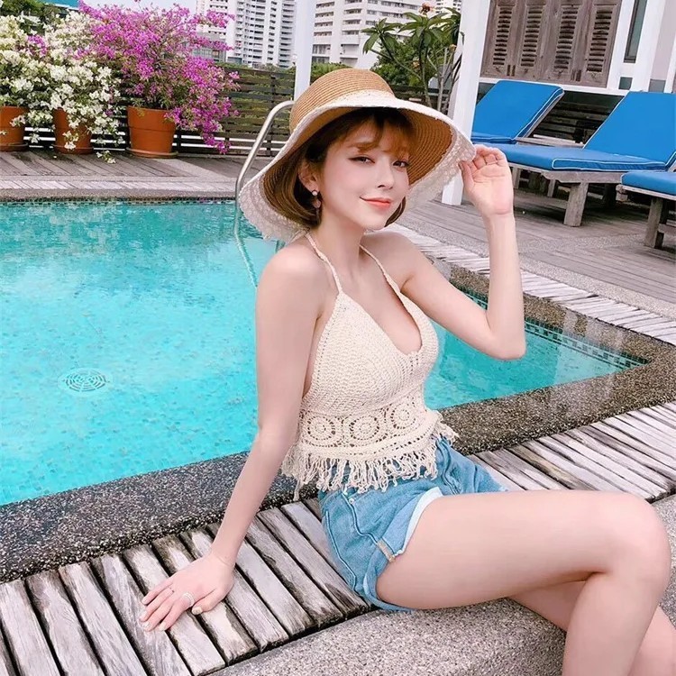 -IKIAELO- Bikini Rajut Bali Pantai Bra Bikini Pantai Wanita Sexy Rajut Bh Bikini Crochet Bohemian