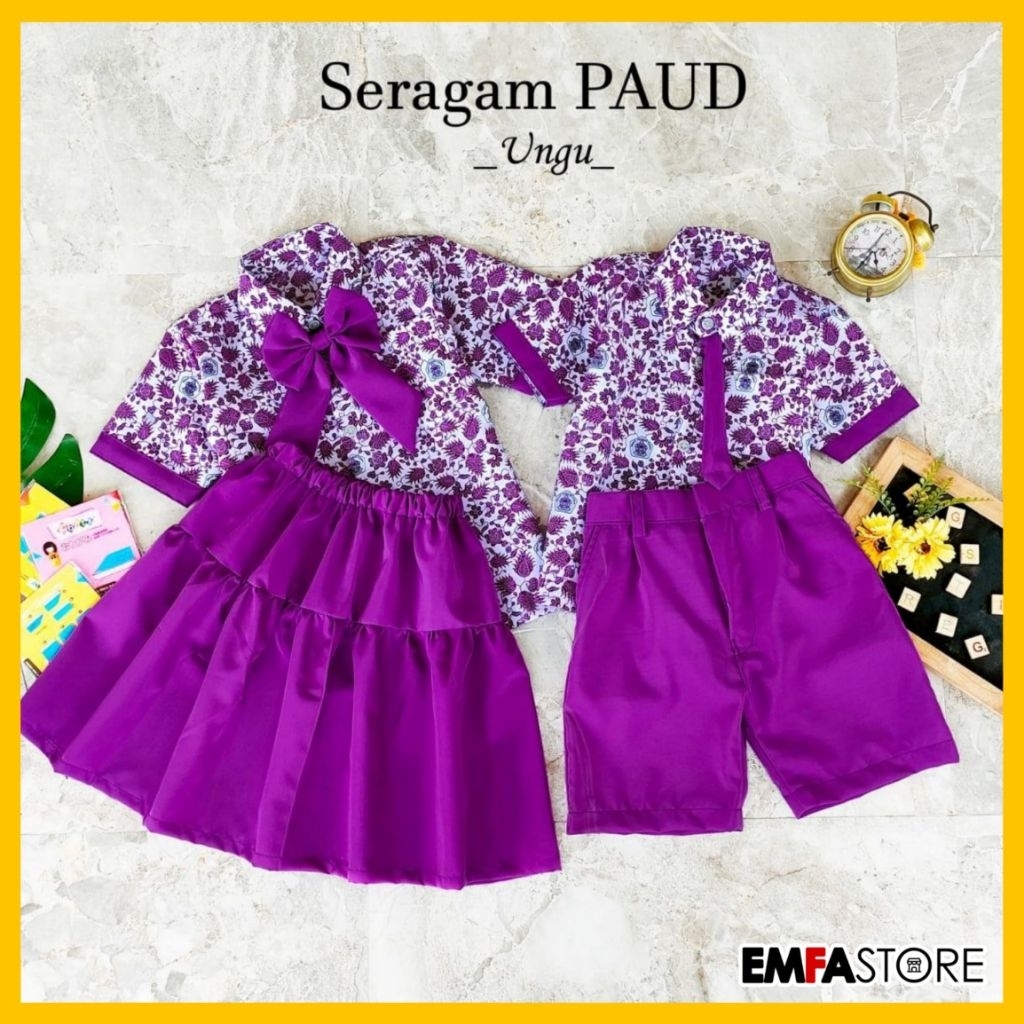 Seragam Batik PAUD Anak Warna Ungu | Setelan Seragam Anak 1-10 Tahun