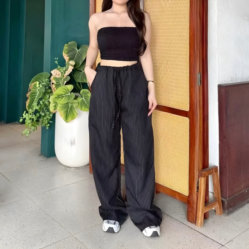 Everyday Pants Celana Panjang Wanita Motif Salur Tali Pinggang Hightwaist Kulot Casual Stripe Summer
