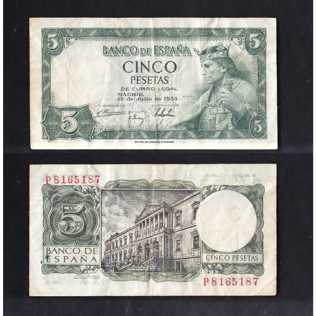 Uang kertas asing Spanyol 5 Pesetas tahun 1954