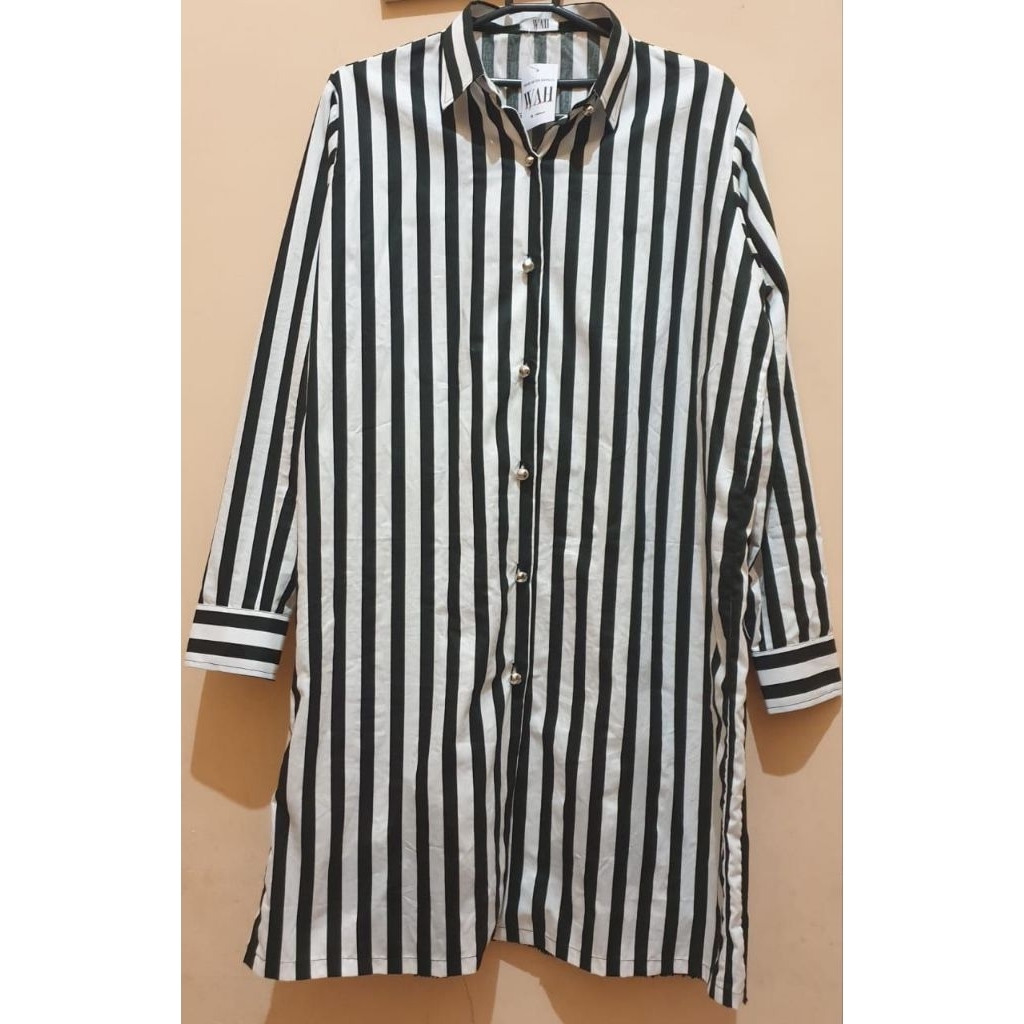 Atasan Kemeja Tunik Lengan Panjang Wanita Cewek Motif Garis Salur