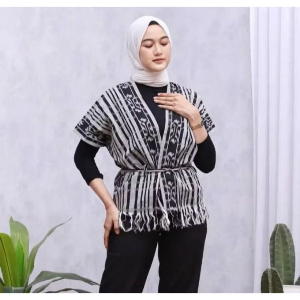 Kimono Outer Wanita Tenun Ikat Rumbai | Luaran Cardigan Etnik Modern All Size
