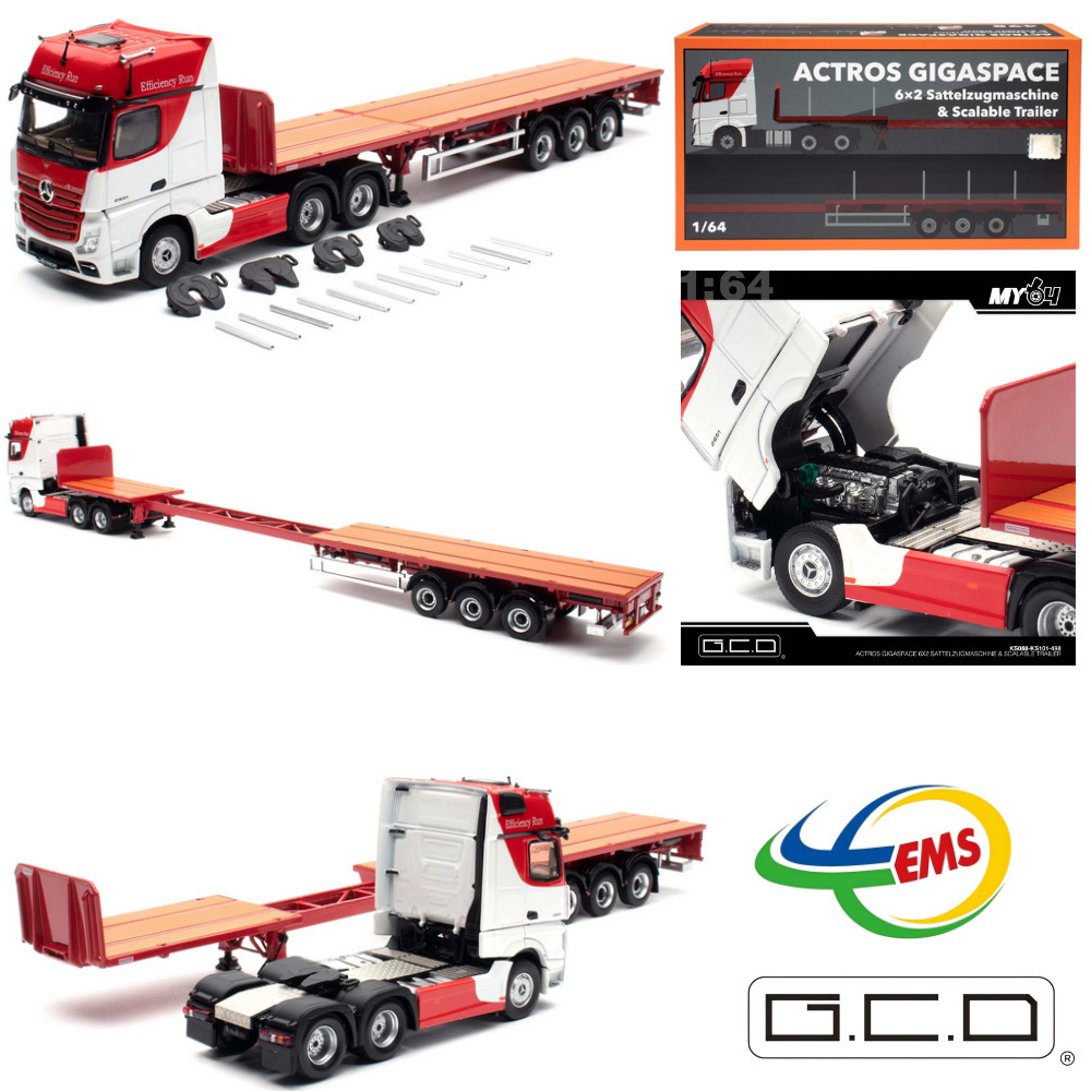 KS088/KS101-498 - GCD 1/64 Mercedes-Benz Actros 6x2 & Scalable Trailer - Red/White (LHD)