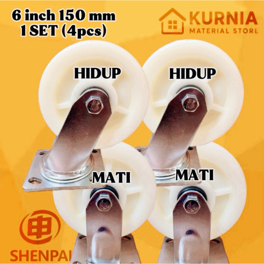 (4 pcs) Roda Troli 6 inch 150 mm Nylon Heavy Duty (2 Hidup + 2 Mati )