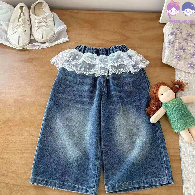 Naifu Celana jeans anak perempuan Blue celana denim remaja Jeans bermata renda Cocok untuk tinggi 10