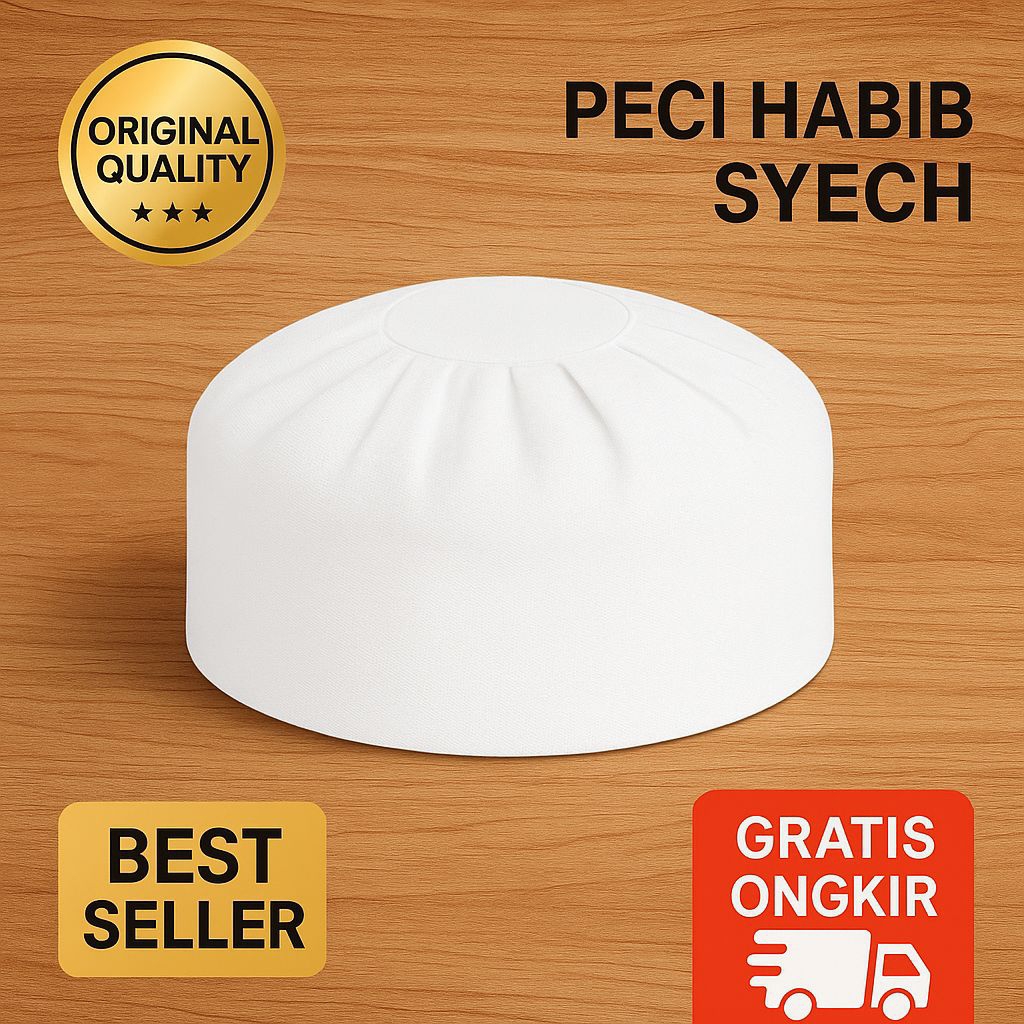 Peci Putih Polos Katun Drill Premium – Kopiah Sholat Pria Muslim Ukuran 3-9 (53-59 cm)