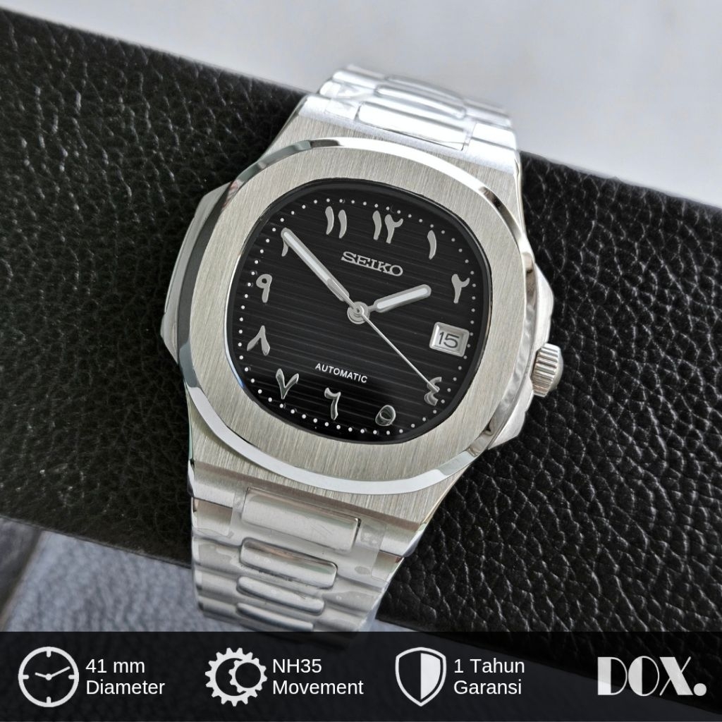 Jam Tangan Seiko Naut Arabic Hitam NH35 Automatic Seikomod Kaca Sapphire Full Stainless Seikonaut