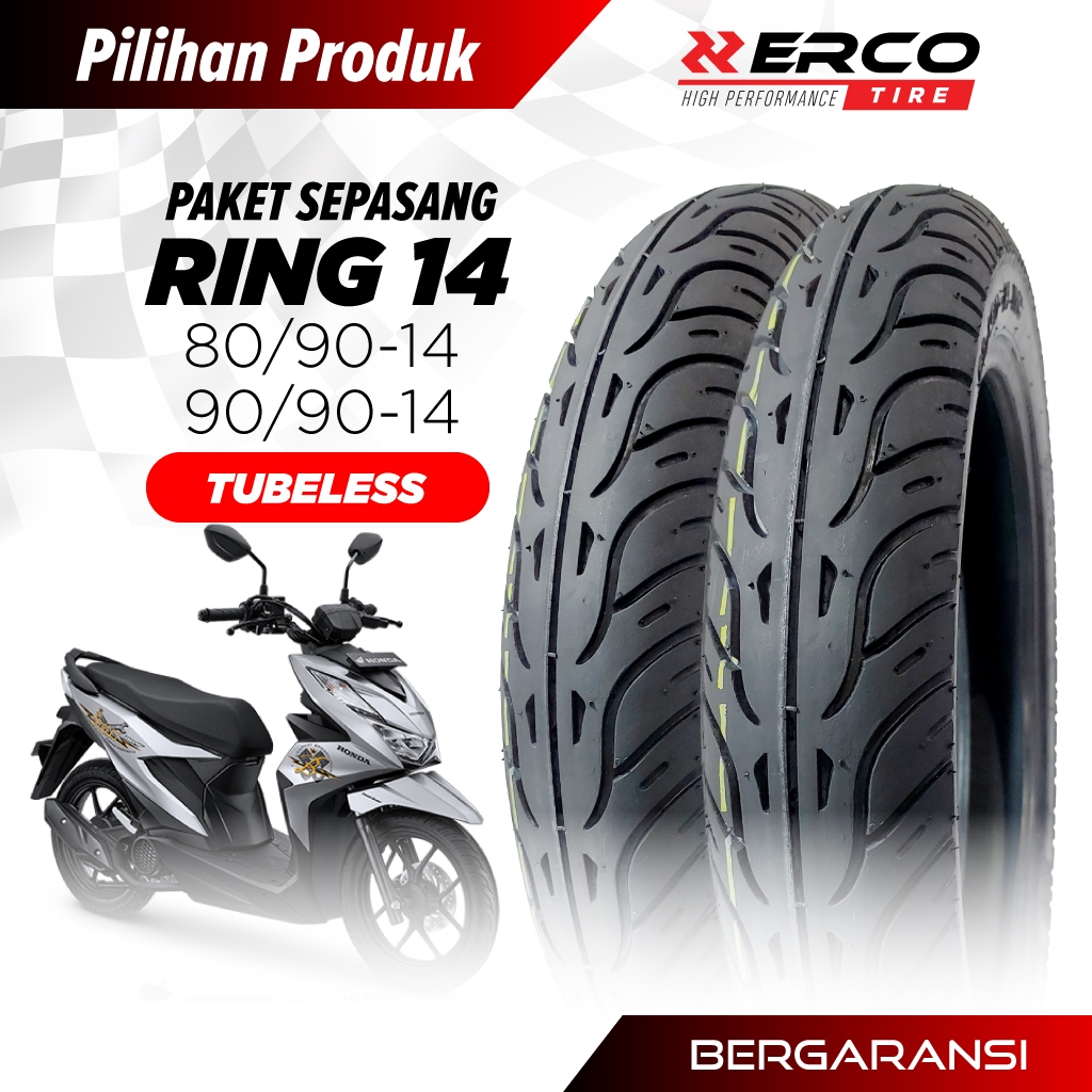 ERCO TIRE Satu Set Ban Motor Matic ERCO Tubeless NonTubeless, 90/90-14 dan 80/90-14