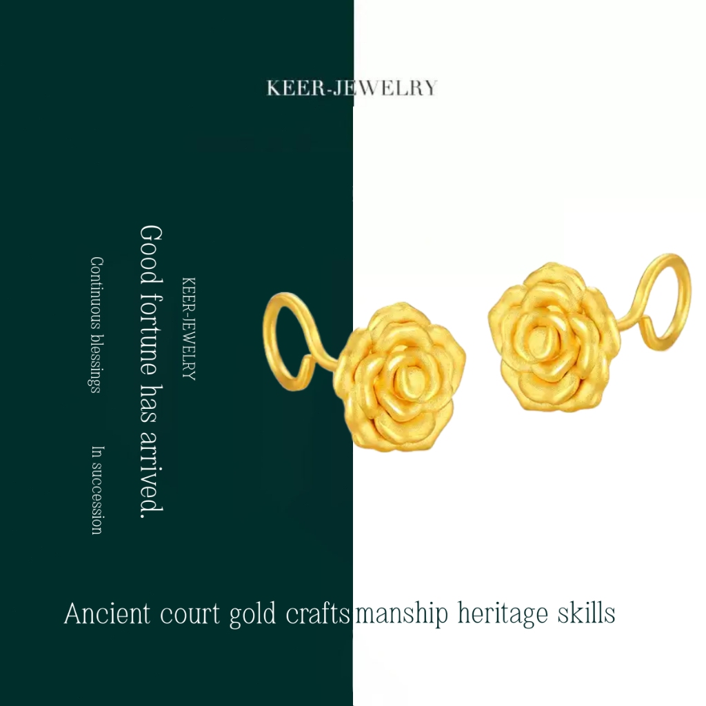 KEER-JEWELRY[Asli*Perhiasan Emas Murni][1Gram]Jepit Telinga Emas 17K dengan Desain Mawar, Aksen Emas