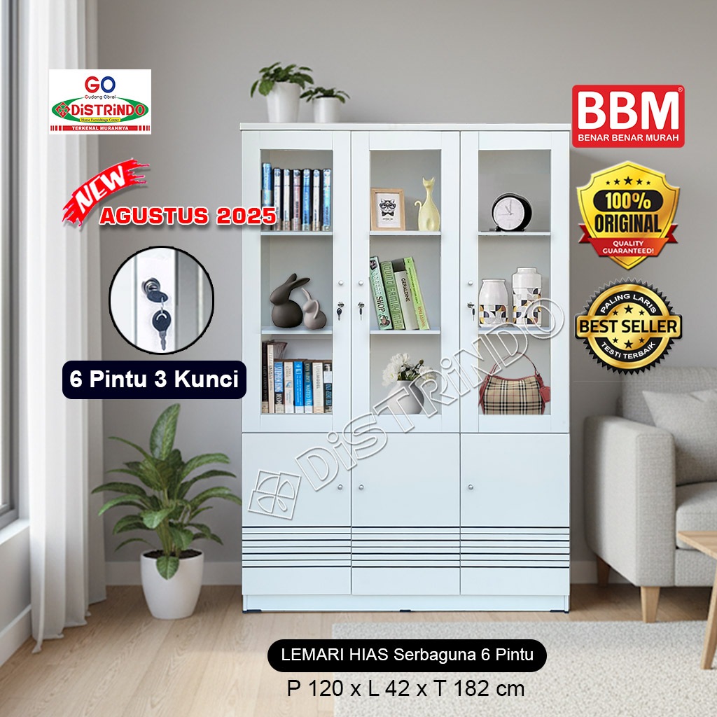 Distrindo - Lemari Hias Etalase banyak Rak TEBAL Pintu Kaca untuk Buku Tas Kosmetik Piring/ Gelas