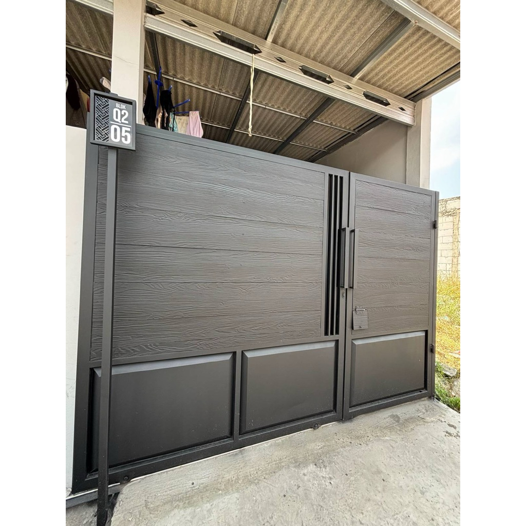 Pintu pagar besi model sliding Motif GRC Lisplank kombinasi Plat Tekuk | Harga Permeter.